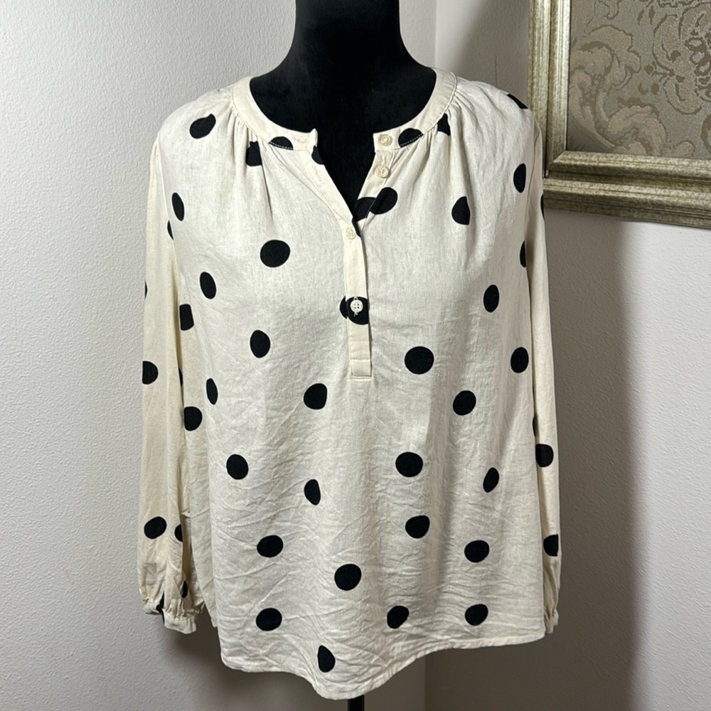 Who What Wear ivory black polka dot linen blend split neck long sleeve top Sz L
